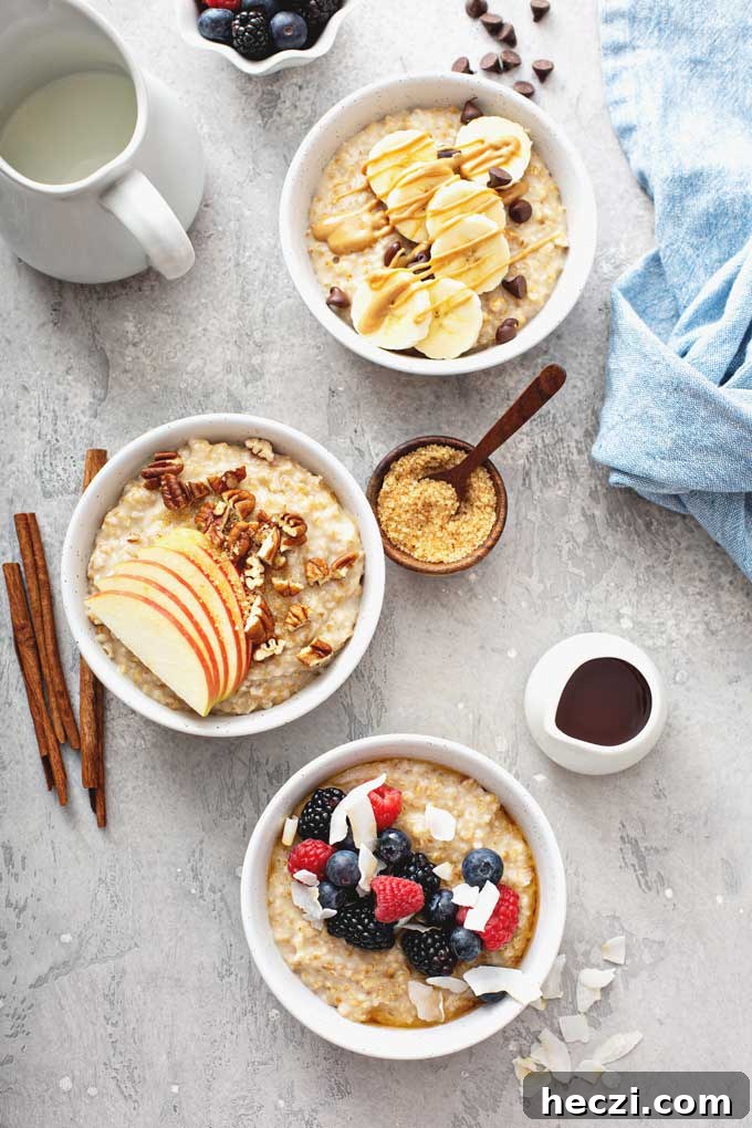 Creamy Instant Pot Steel-Cut Oats Recipe for Busy Mornings 8 bowls of oatmeal with assorted toppings