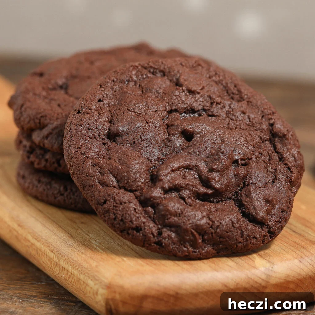Ultimate Triple Chocolate Cookie Recipe Everyone Will Love 2 Three large, thick Triple Chocolate Cookies are stacked on a wooden board, with a blurred background. The cookies look soft and rich, packed with visible chocolate chunks.