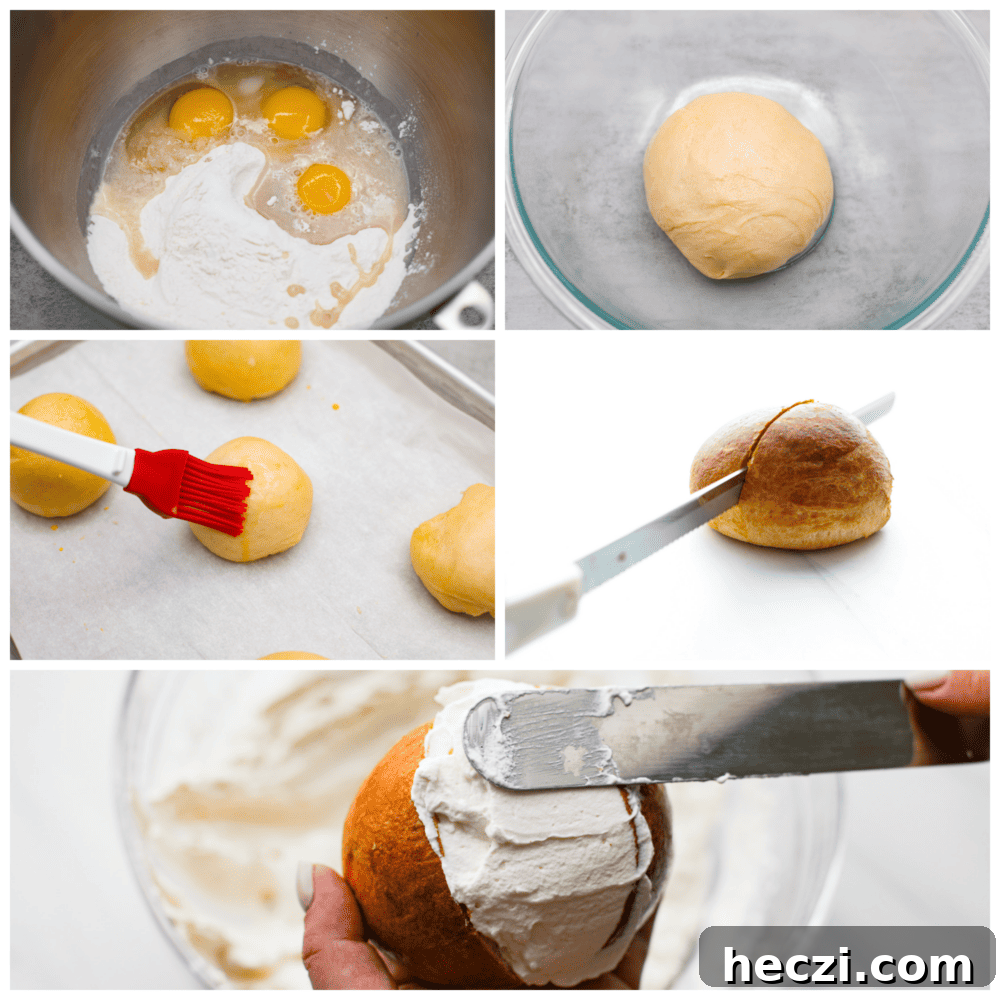 These airy, cream-filled pastries are called maritozzi and a must-make for any dessert lover. The buns have a soft, tender texture that pairs perfectly with the luscious vanilla filling! Top them off with a dusting of powdered sugar for a sweet Italian treat that everyone will love. 5-photo collage of sweet buns being prepared step-by-step.