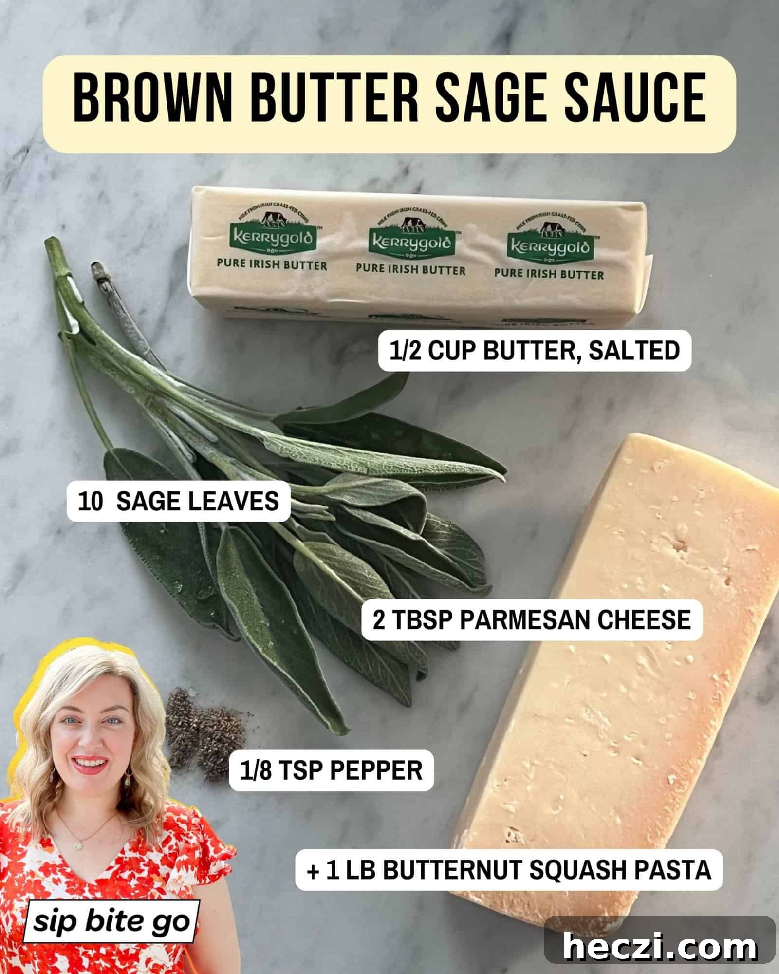 Butternut Squash Pasta with Brown Butter Sage Sauce 6 Infographic with Brown Butter Sage Sauce Ingredients with text captions and logo