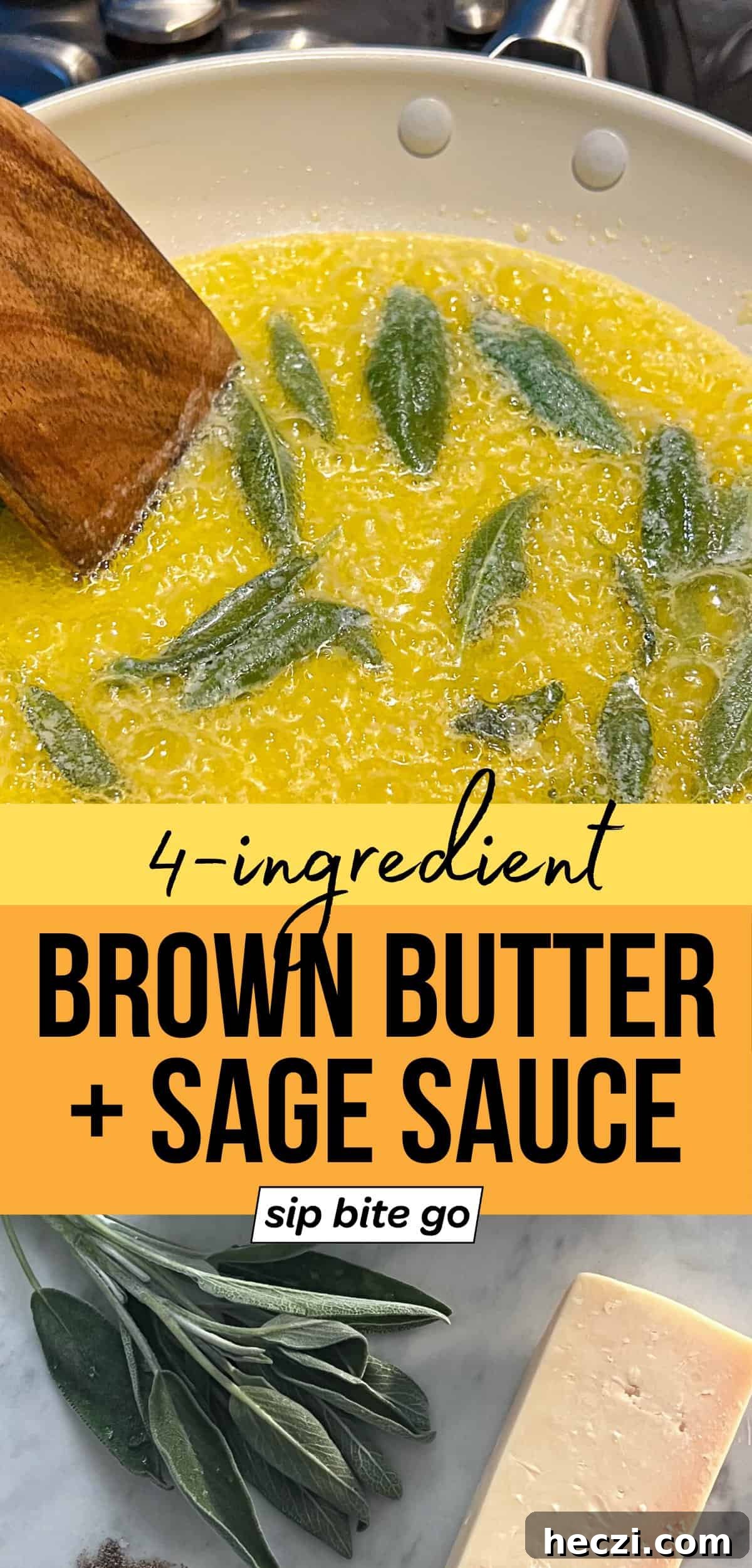 Butternut Squash Pasta with Brown Butter Sage Sauce 9 Brown Butter Sage Sauce with Butternut Squash Pasta and text overlay with Sip Bite Go logo