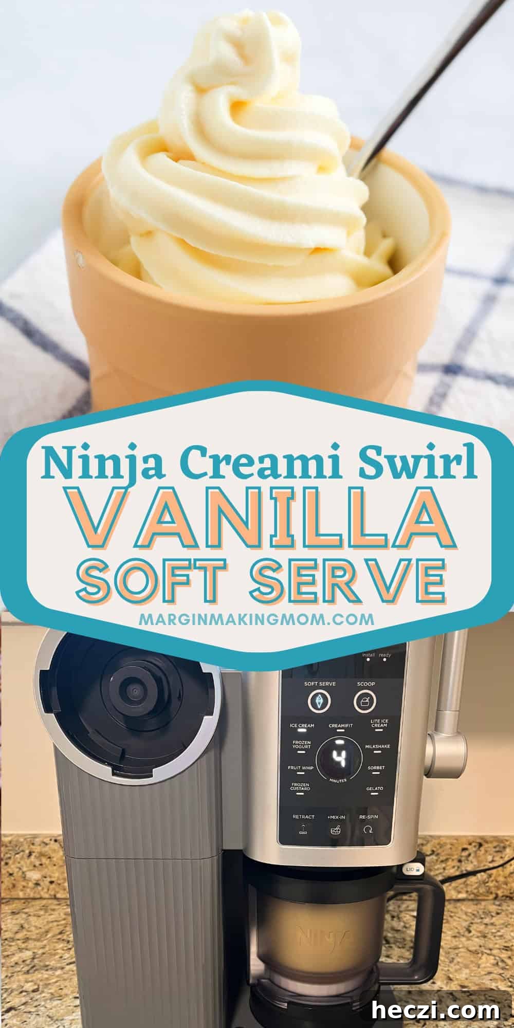 two photos; one shows a dessert cup of Ninja Swirl vanilla soft serve; the other shows a Ninja Swirl by Creami machine with the vanilla ice cream being processed in it.