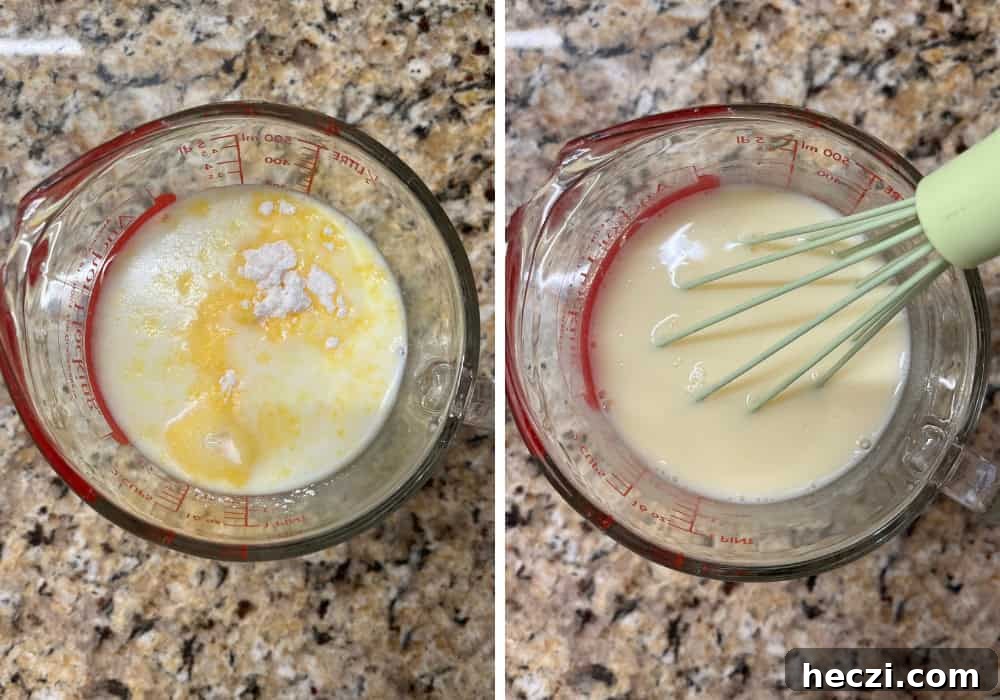 Two photos; one shows milk, vanilla pudding mix, and sugar in a liquid measuring cup. The other shows the mixture combined, with a whisk in it.