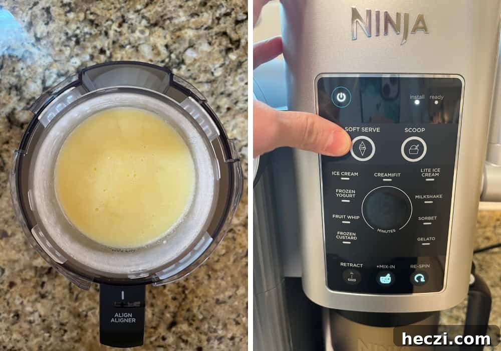 Two photos; one shows frozen vanilla ice cream base; the other shows a finger pointing to the Soft Serve function on the Ninja Creami machine.