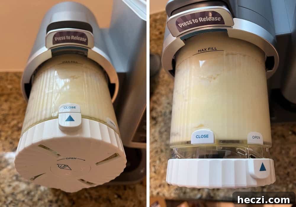 two photos; one shows the pint of vanilla ice cream attached on the soft serve side of the Ninja Creami; the other shows the soft serve dispenser in the open position.