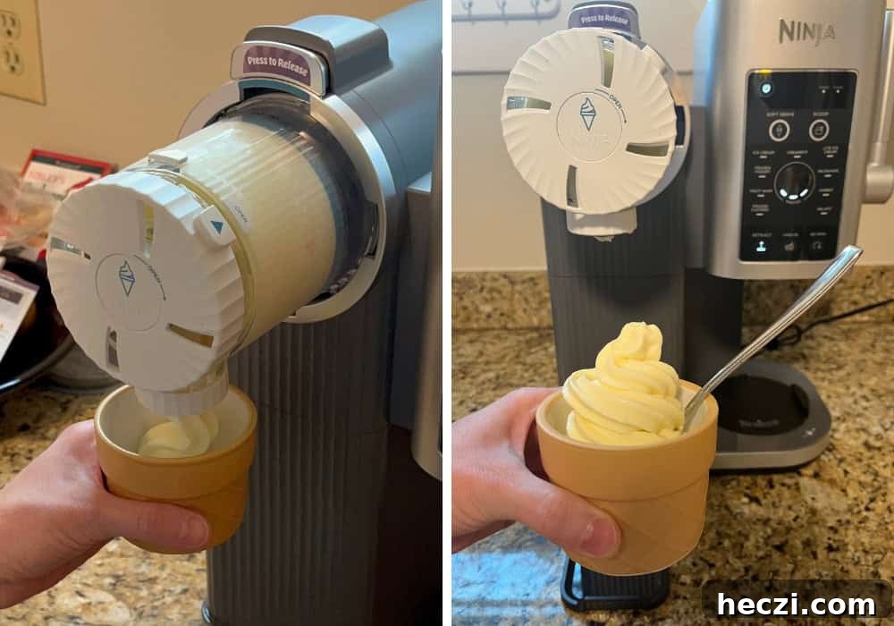 Two photos; one shows the vanilla ice cream being dispensed from the Ninja Creami soft serve dispenser. The other shows the cup of soft serve in front of the Ninja Creami Swirl machine.