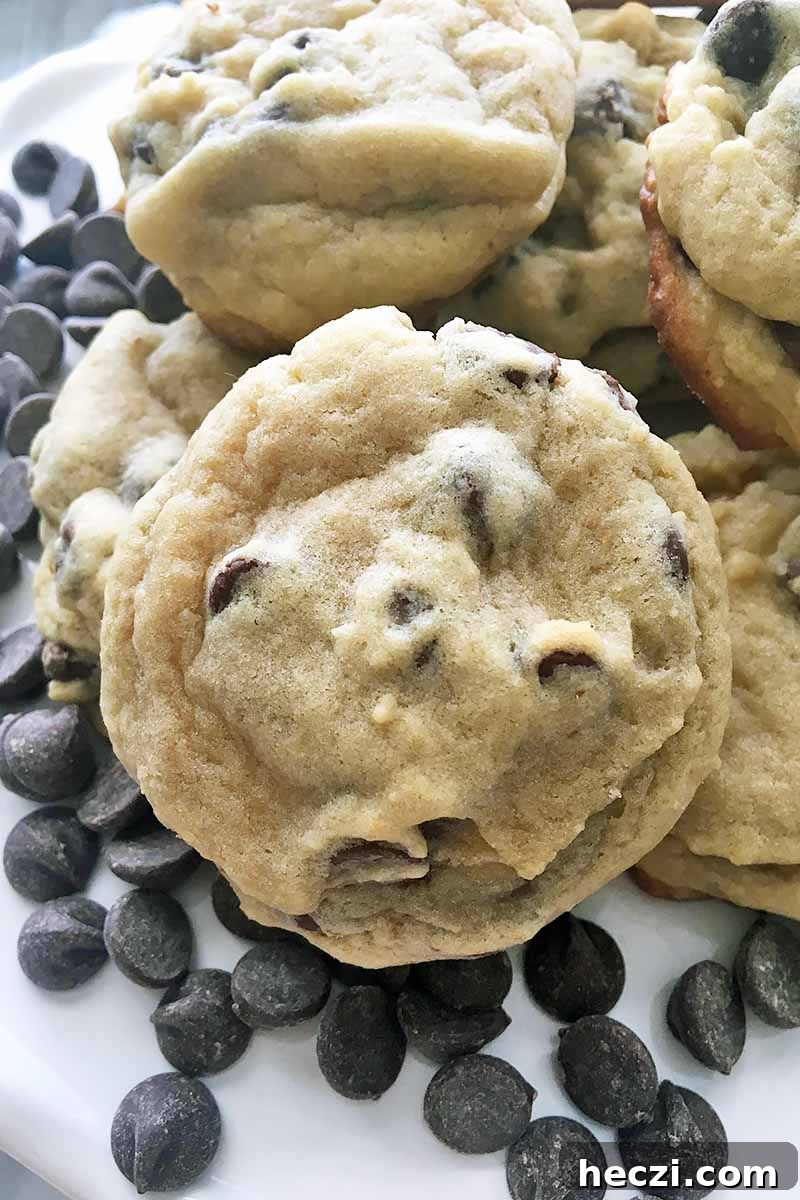 Vertical image of cookies on top of chocolate chips on a white plate.