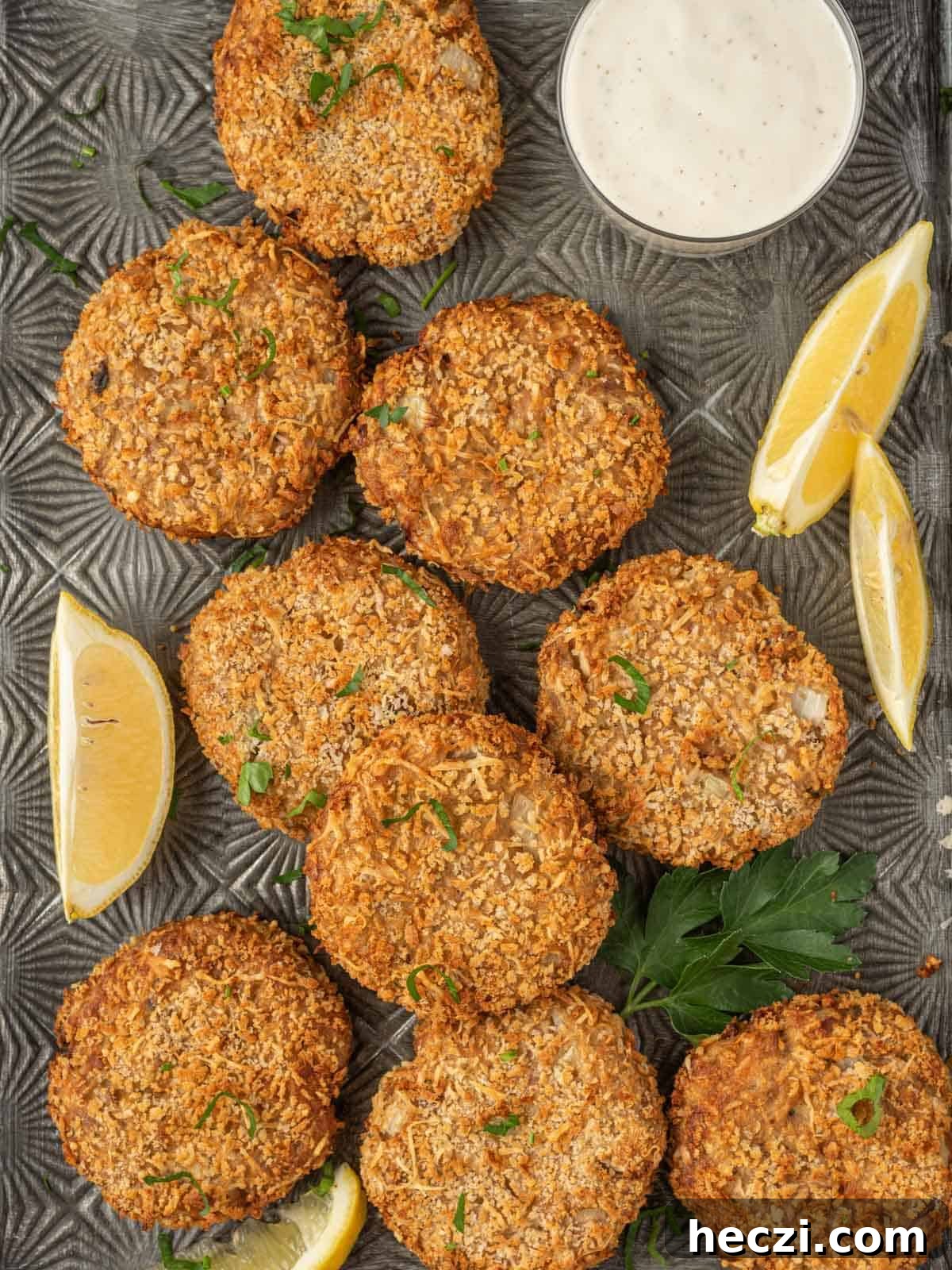 Crispy Parmesan-Crusted Tuna Patties with Lemon Aioli 2 Air fryer tuna patties ready for serving.