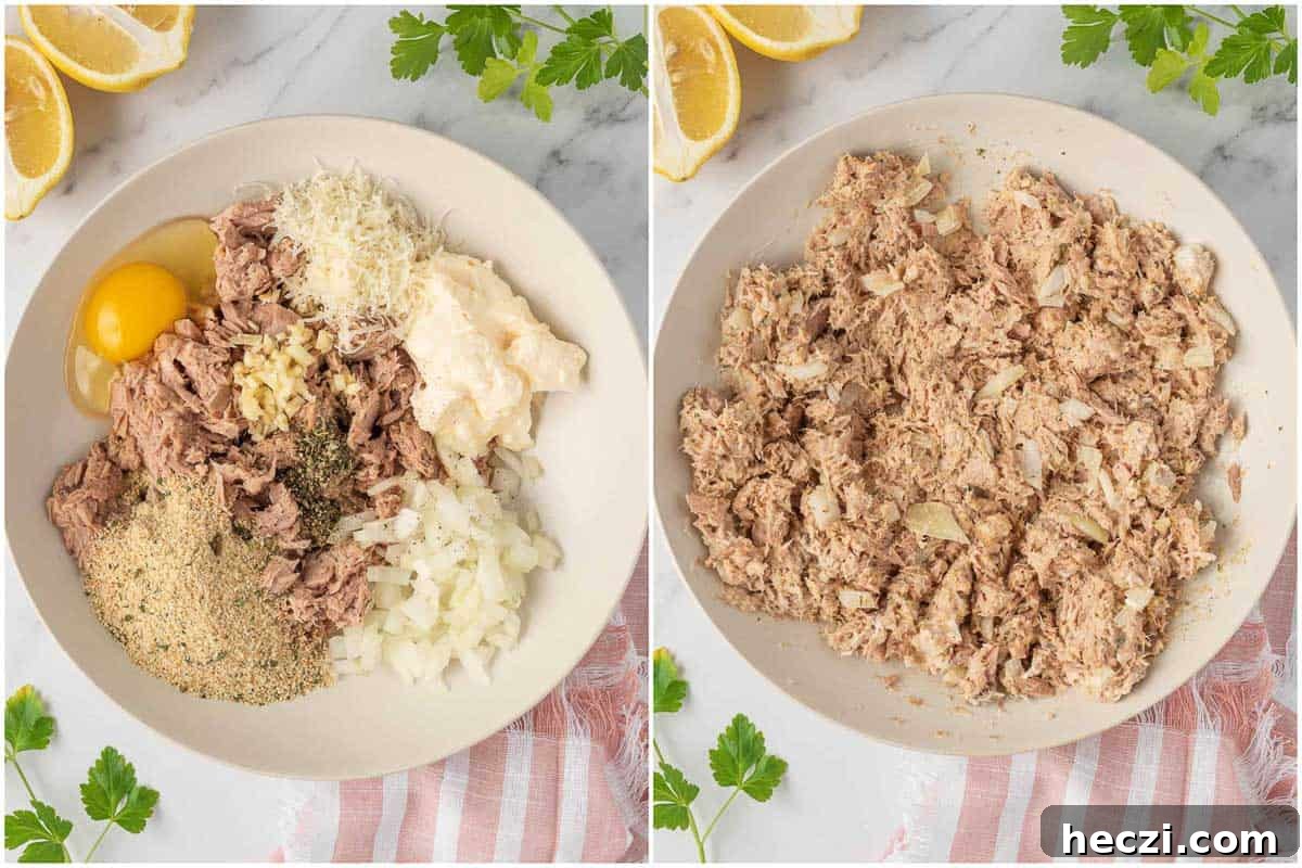 Crispy Parmesan-Crusted Tuna Patties with Lemon Aioli 4 How to make air fryer tuna patties. Mixing all the ingredients together.