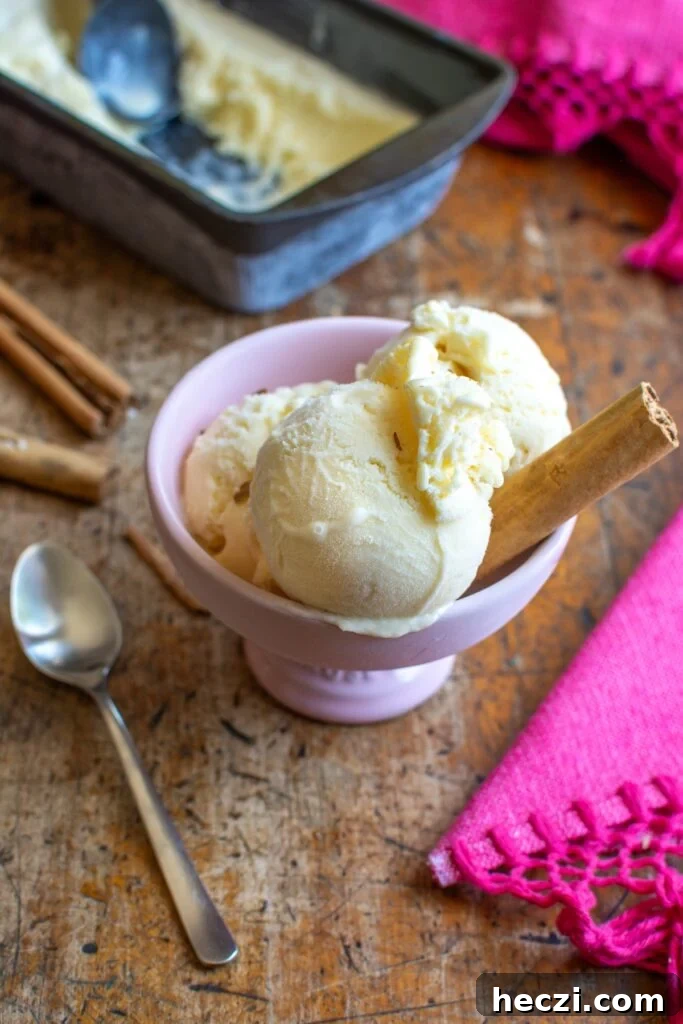Mexican Cinnamon Ice Cream Recipe — Creamy Horchata-Style Ice Cream 15 A bowl of canela ice cream with a spoon next to the bowl