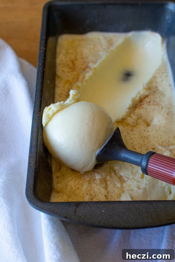 Mexican Cinnamon Ice Cream Recipe — Creamy Horchata-Style Ice Cream 3 Cinnamon ice cream being scooped with an ice cream scoop.