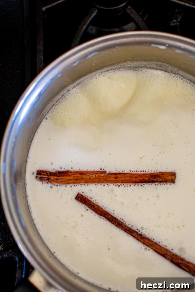 Mexican Cinnamon Ice Cream Recipe — Creamy Horchata-Style Ice Cream 7 A saucepan with simmering milk and cinnamon sticks