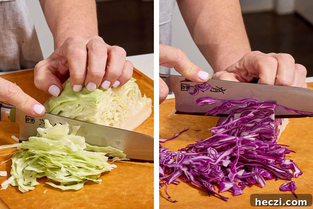 How to Cook Cabbage: Simple Recipes and Perfect Techniques 4 Woman slicing green and red cabbage on cutting board.