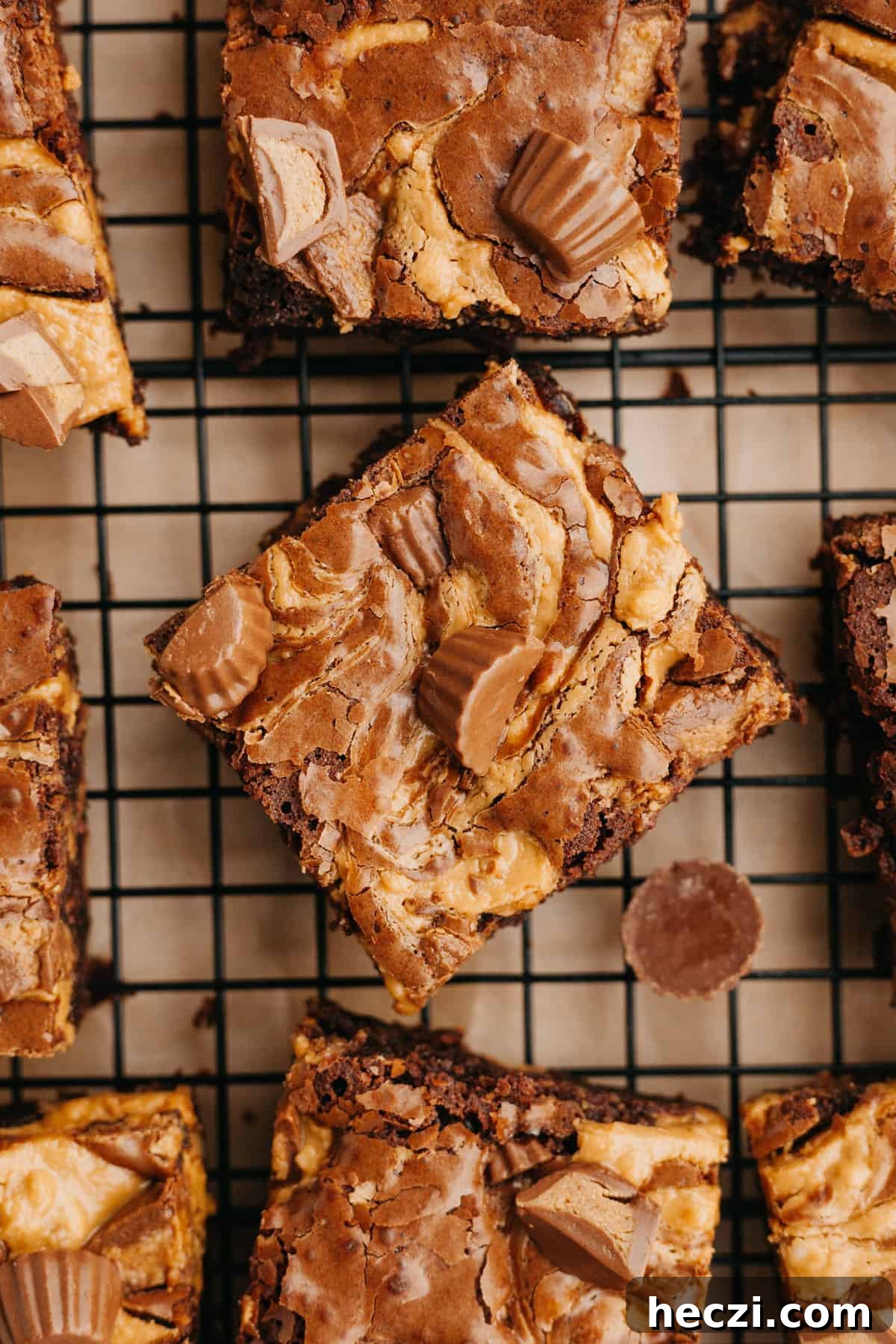 Peanut Butter Cup Brownies: Gooey Chocolate Peanut Butter Bars 2 An overhead shot of brownies with peanut butter cups on a wire cooling rack.