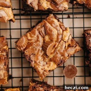 Peanut Butter Cup Brownies: Gooey Chocolate Peanut Butter Bars 12 An overhead shot of brownies with peanut butter cups on a wire cooling rack.