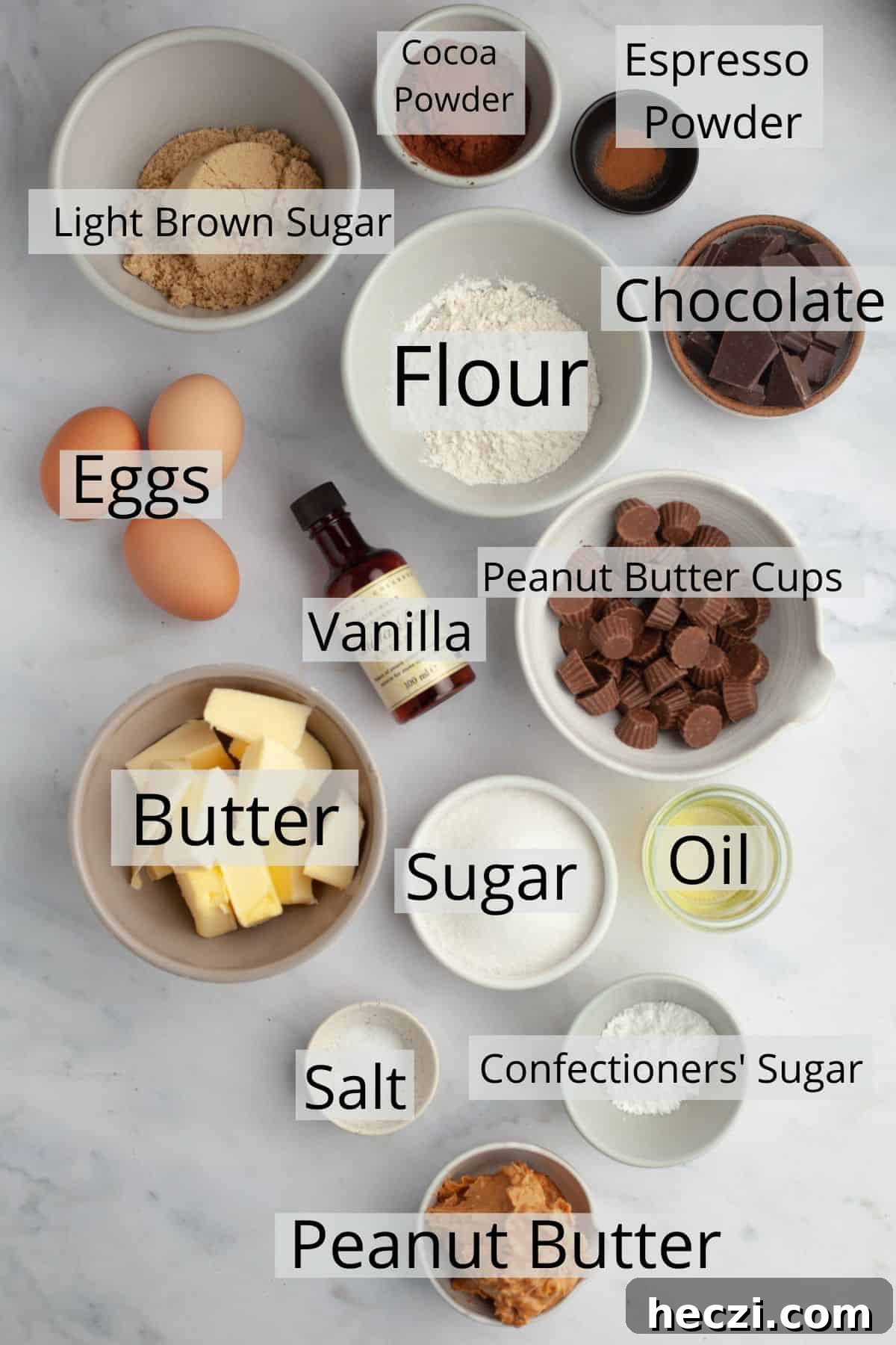 Peanut Butter Cup Brownies: Gooey Chocolate Peanut Butter Bars 3 All the ingredients needed to make brownies with peanut butter cups.