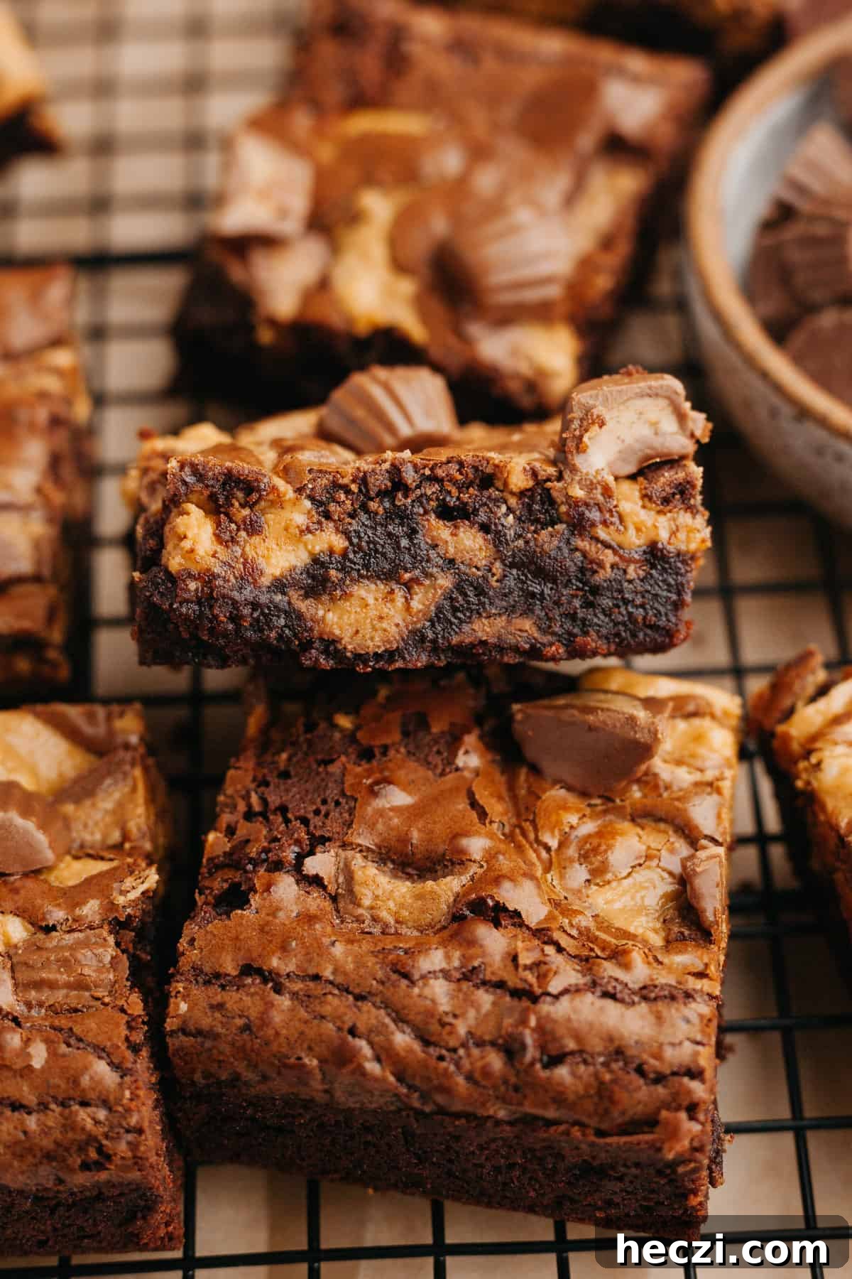 Peanut Butter Cup Brownies: Gooey Chocolate Peanut Butter Bars 5 Peanut butter cup brownies on a wire cooling rack.