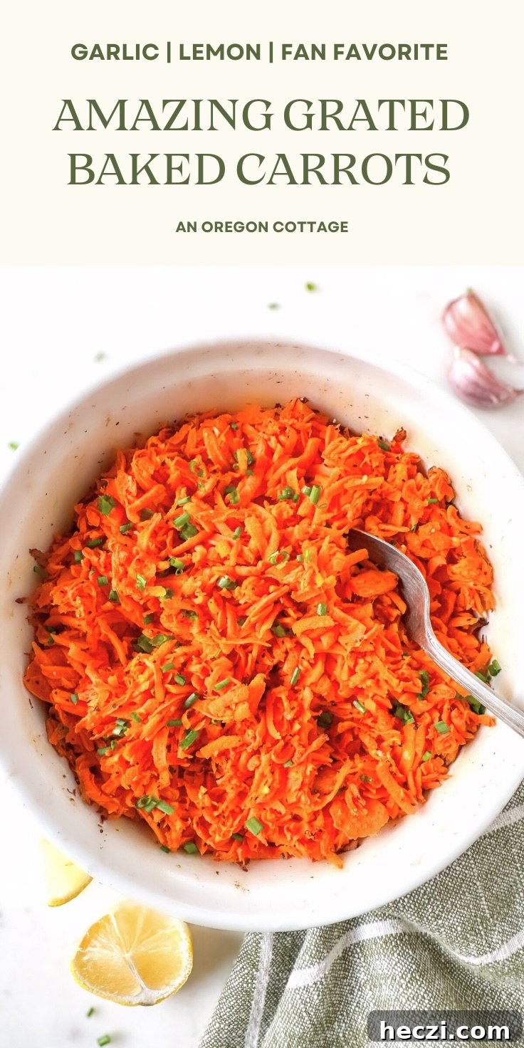 Grated Baked Carrots with Lemon and Garlic Roast Recipe 8 grated baked carrots Pinterest image