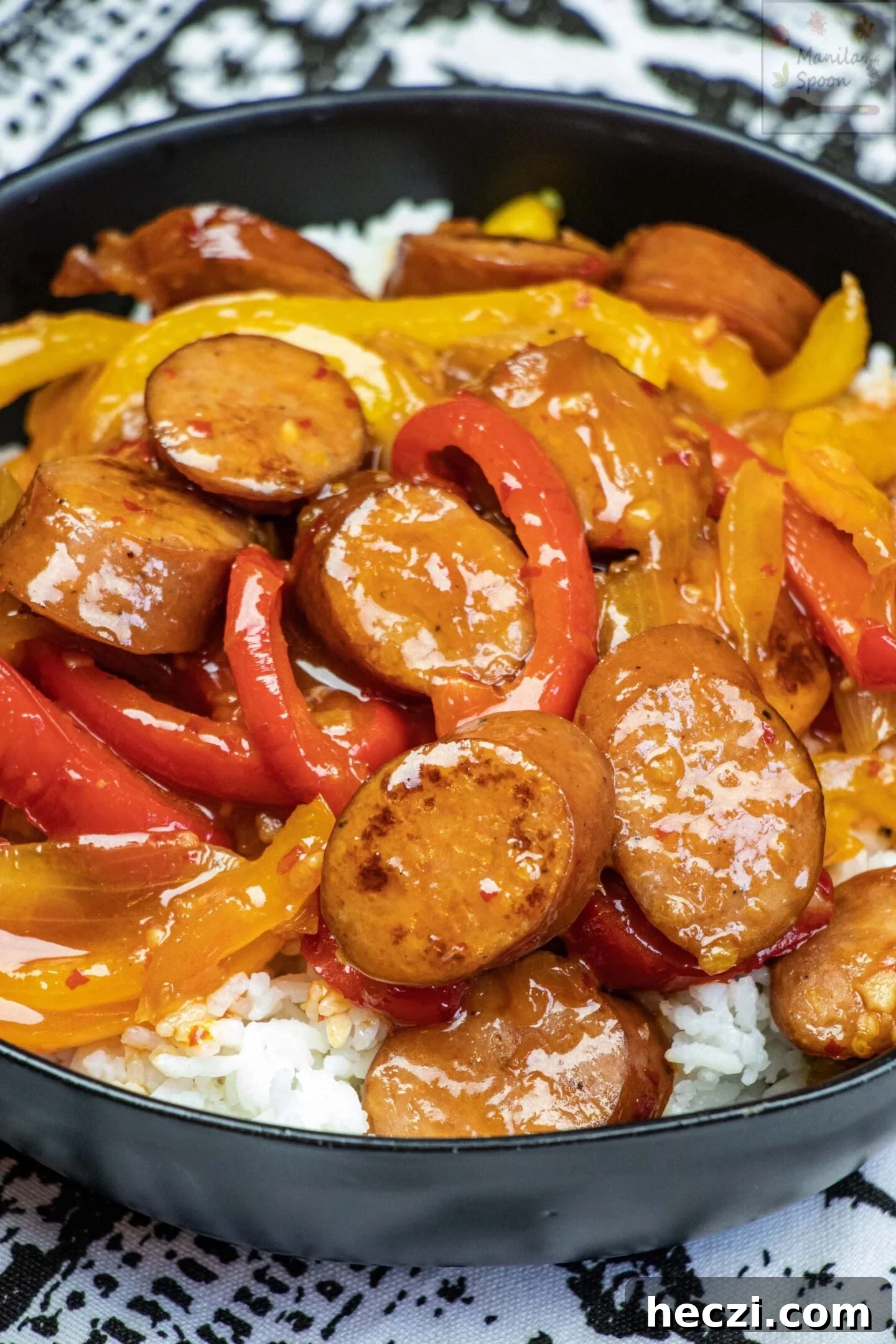 Just 10 MINUTES to make this quick, easy and delicious Kielbasa Stir-Fry Recipe! Sweet chili sauce adds so much flavor and the multi-colored bell peppers liven up the dish! img 2591 1