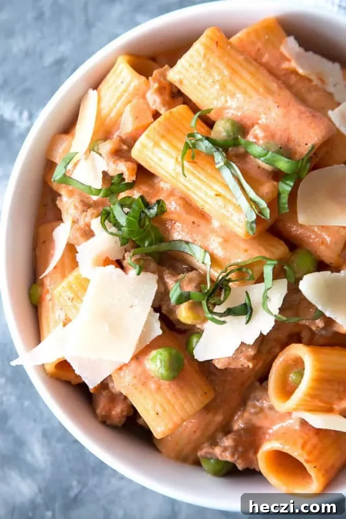 Rustic Sausage Rigatoni with Creamy Tomato Sauce 9 country-style rigatoni in a bowl