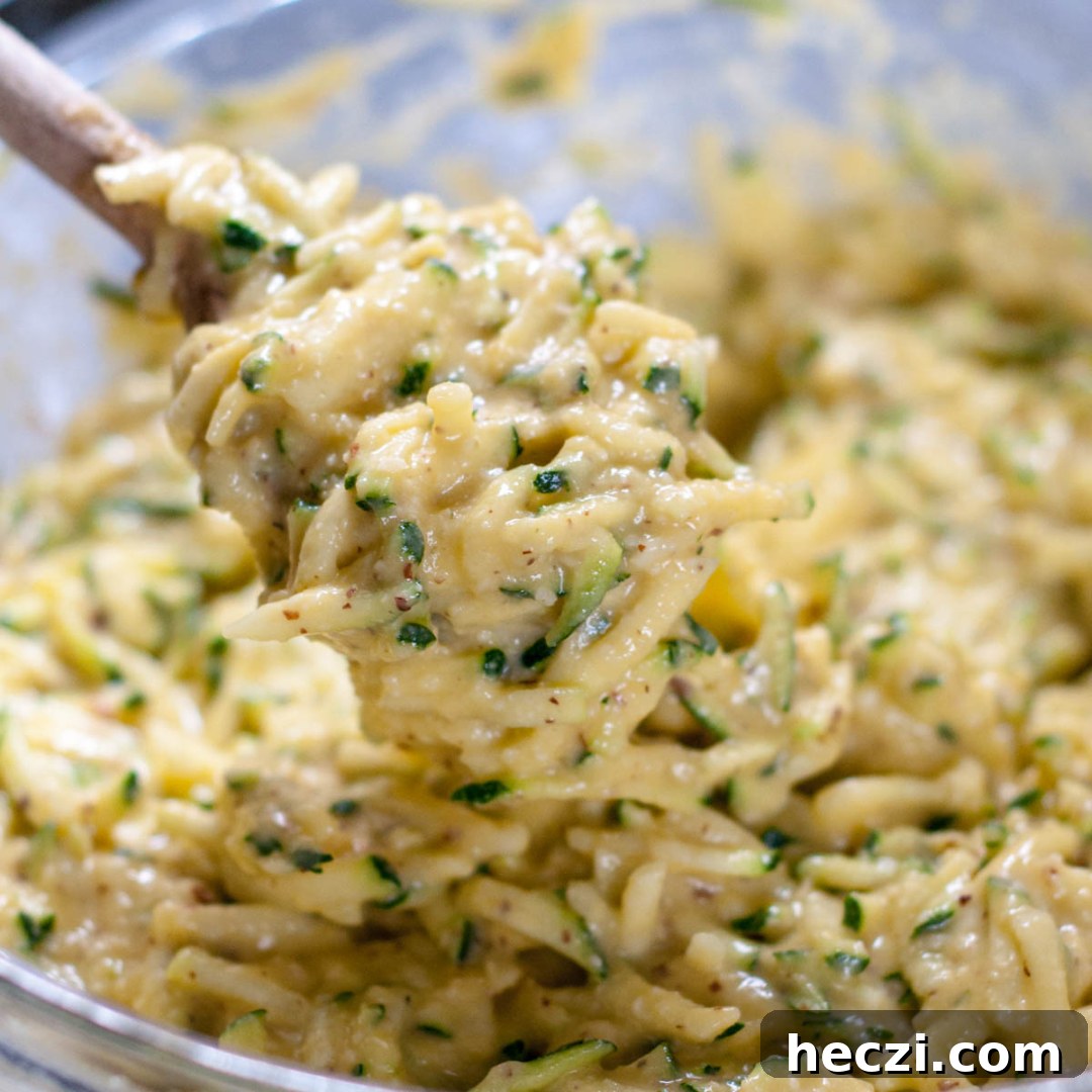 grated zucchini added in and a spoon holding up the batter.