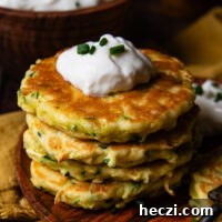 a stack of GF zucchini fritters with sour cream on top.