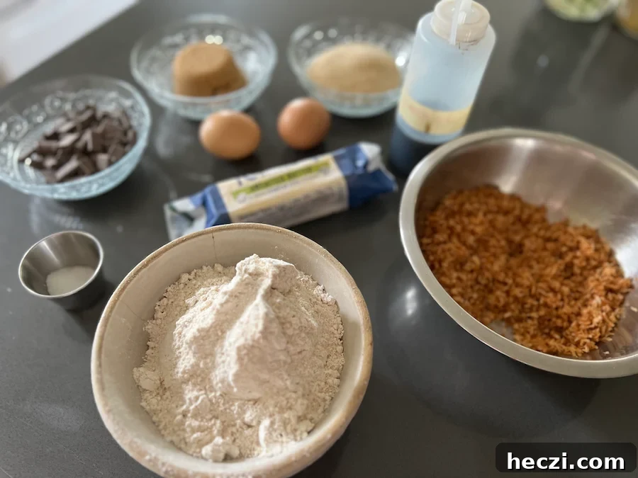 all of the ingredients for coconut chocolate chip cookies 