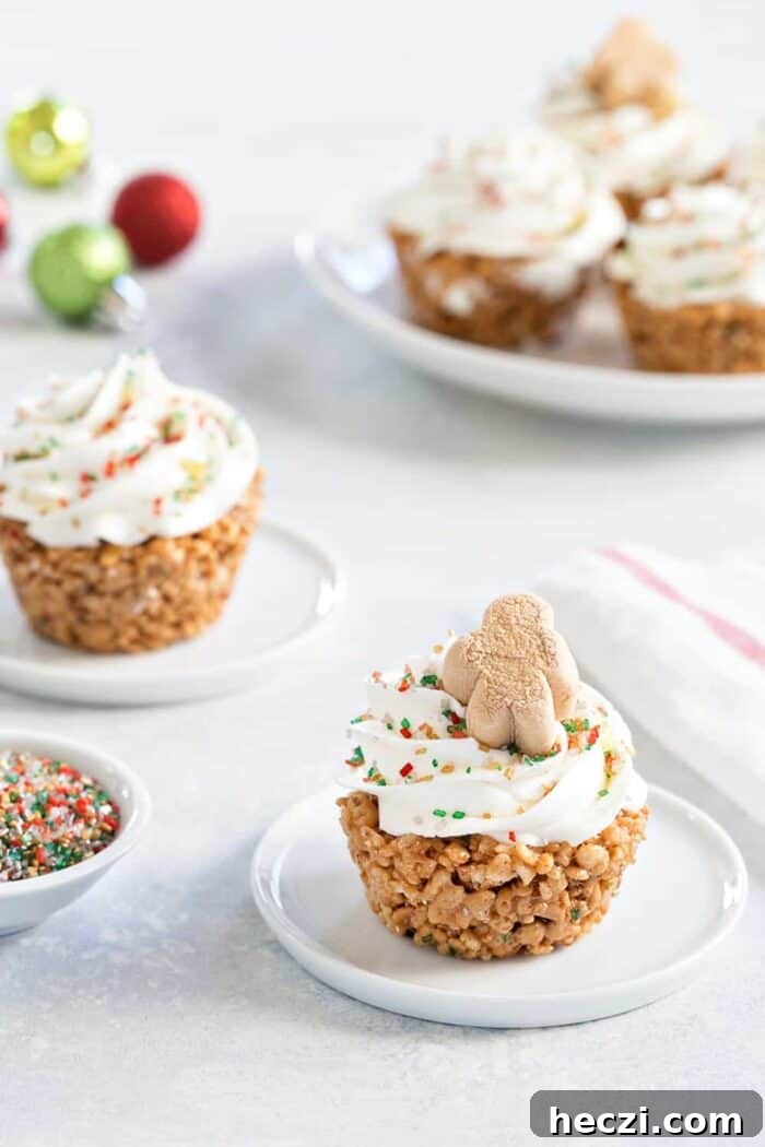 Gingerbread Marshmallow Treat Cupcakes are an adorable and delicious addition to any holiday dessert plate! So perfect for the holidays!