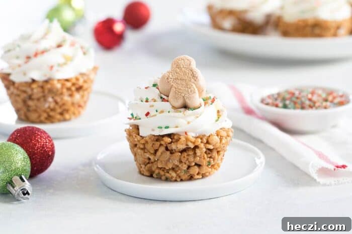 Gingerbread Marshmallow Treat Cupcakes are an adorable and delicious addition to any holiday dessert plate! Easy, fun and festive!