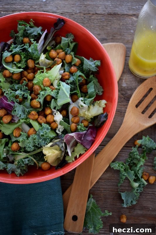 Crispy Roasted Chickpea and Kale Salad with Lemon Tahini Dressing 2 over head view of the Roasted Chickpea & Kale Salad