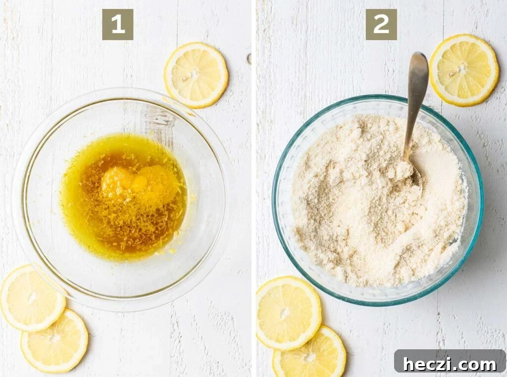 Chewy Lemon Cookies (Gluten-Free, Dairy-Free) 4 Step 1 shows mixing together the wet ingredients in a small bowl. Step 2 shows combining the dry ingredients in a separate bowl.