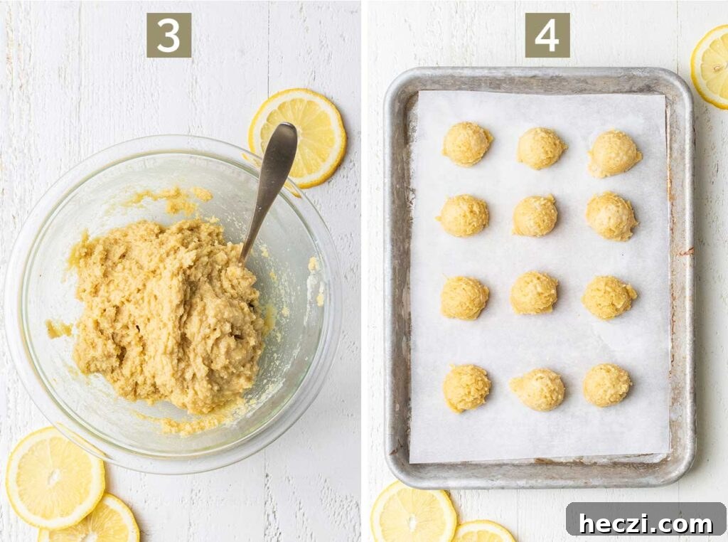 Chewy Lemon Cookies (Gluten-Free, Dairy-Free) 5 Step 3 shows combining the cookie dough, and step 4 shows scooping the dough onto a prepared cookie sheet.