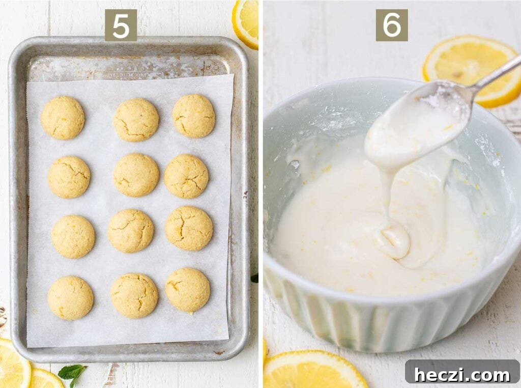 Chewy Lemon Cookies (Gluten-Free, Dairy-Free) 6 Step 5 shows baking the cookies until very lightly browned, and step 6 shows making the lemon glaze.