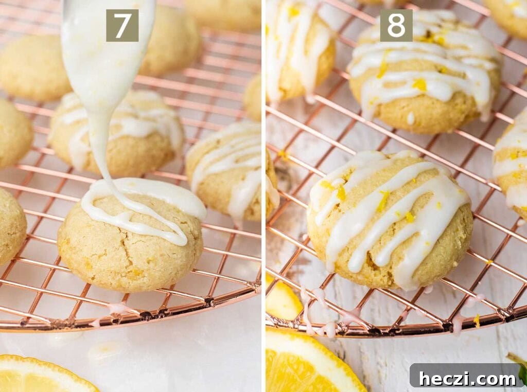 Chewy Lemon Cookies (Gluten-Free, Dairy-Free) 7 Cooled cookies shown being drizzled with a glaze and topped with lemon zest.