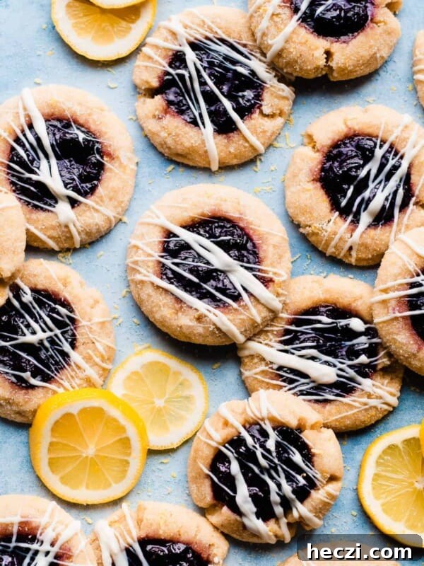 Blueberry Coffee Cake Recipe with Streusel Crumbs 15 White chocolate drizzled lemon blueberry sugar cookies on a blue surface.