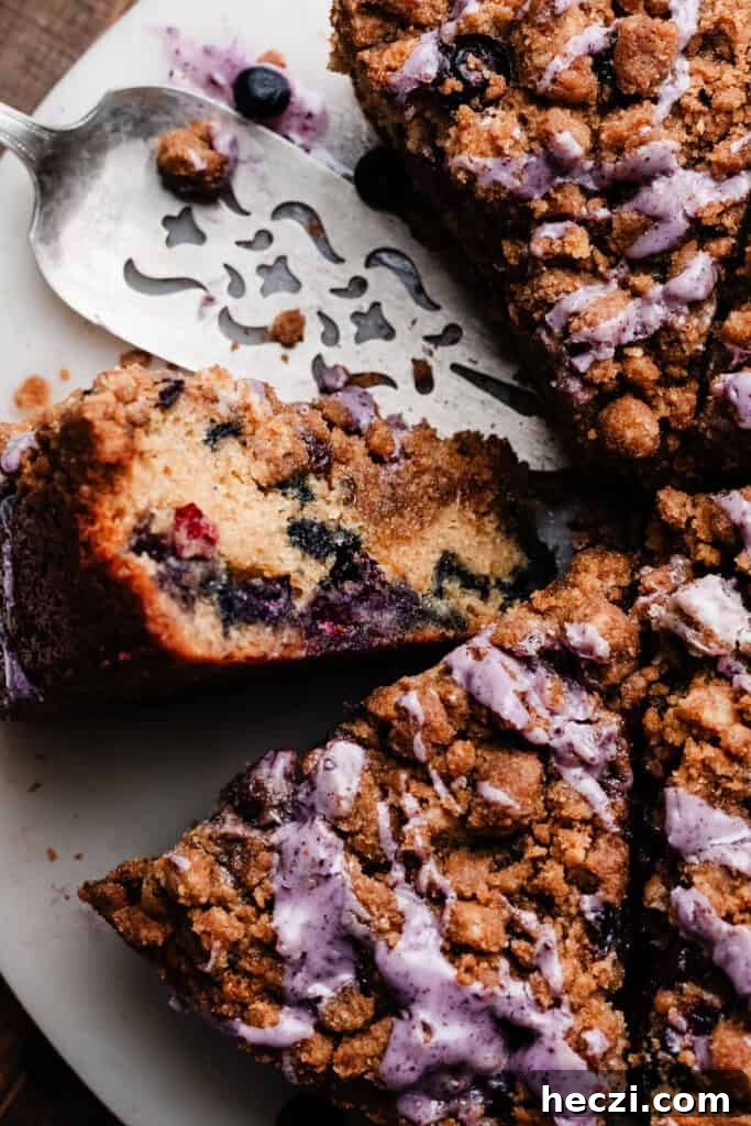 Blueberry Coffee Cake Recipe with Streusel Crumbs 3 A close-up on slices of the blueberry coffee cake on a cake plate.