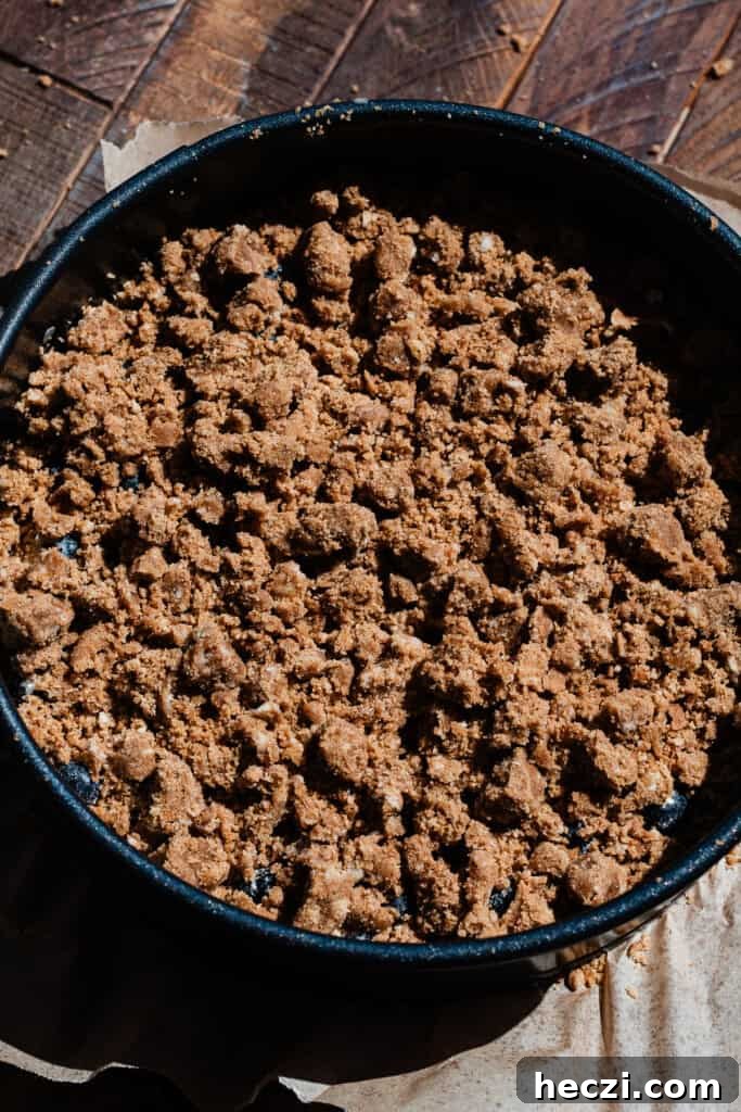 Blueberry Coffee Cake Recipe with Streusel Crumbs 7 The coffee cake topped with streusel, ready to be baked.