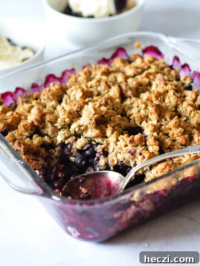 blueberry crisp with spoon in it.