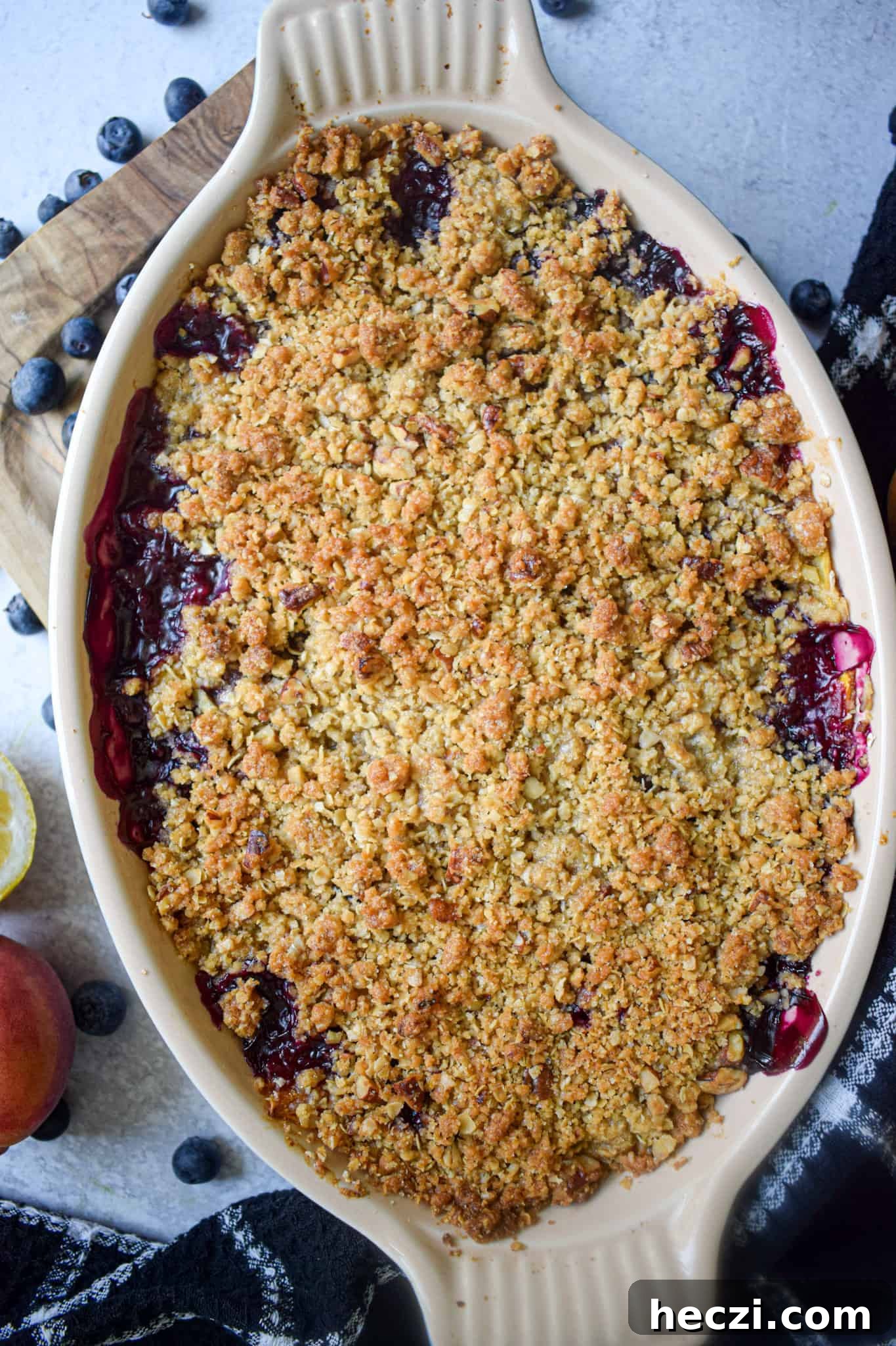blueberry peach crisp in a baking dish. 