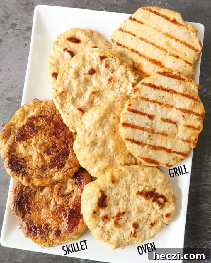 Gluten-Free Dairy-Free Chicken Patties Recipe for Weeknights 4 ground chicken patties that have been pan-fried, baked, and grilled
