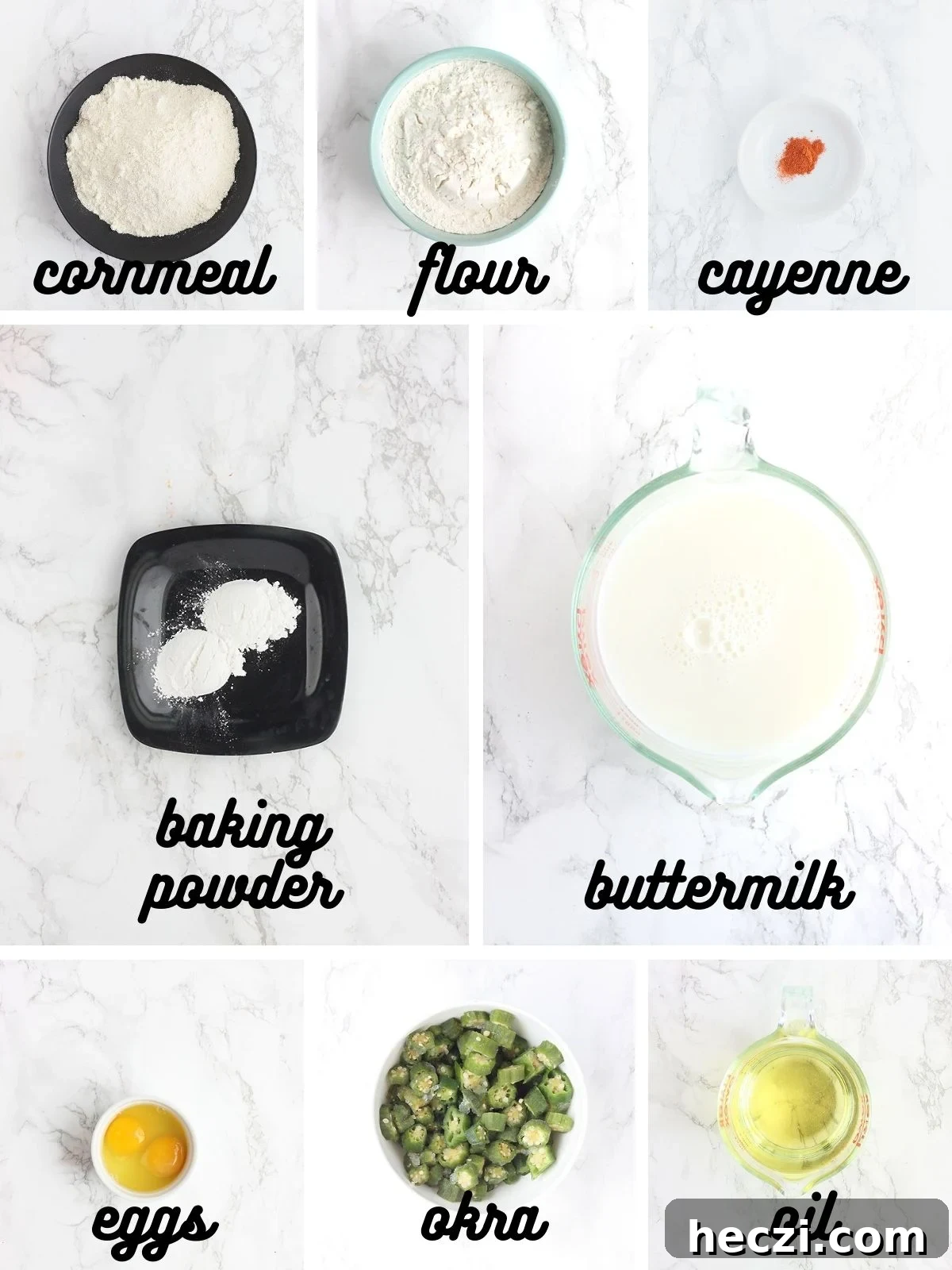 ingredients for okra hoe cakes include cornmeal, flour, cayenne, baking powder, buttermilk, eggs, okra and oil