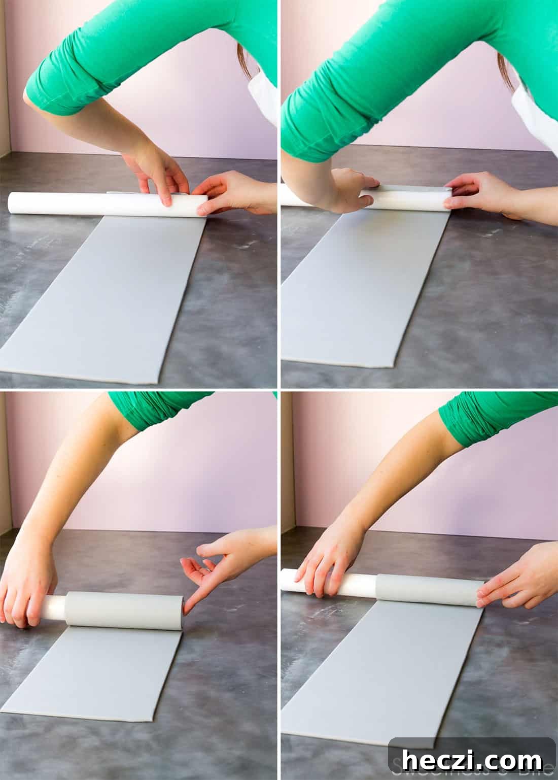 A collage of photos showing the fondant being rolled around a white plastic rolling pin.