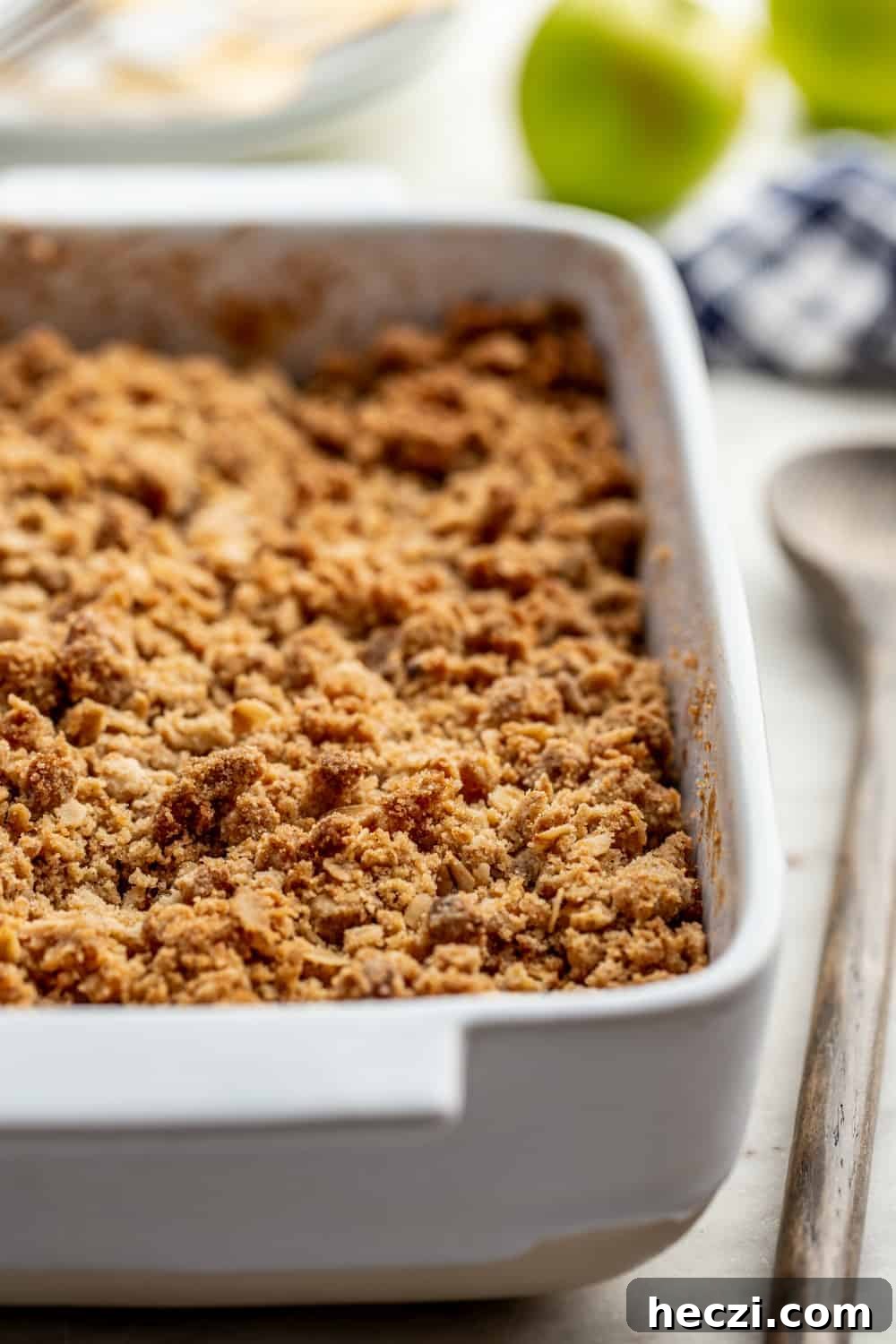 Warm Caramel Apple Crisp with Crunchy Oat Topping 4 Baking dish of caramel apple crisp fresh from the oven