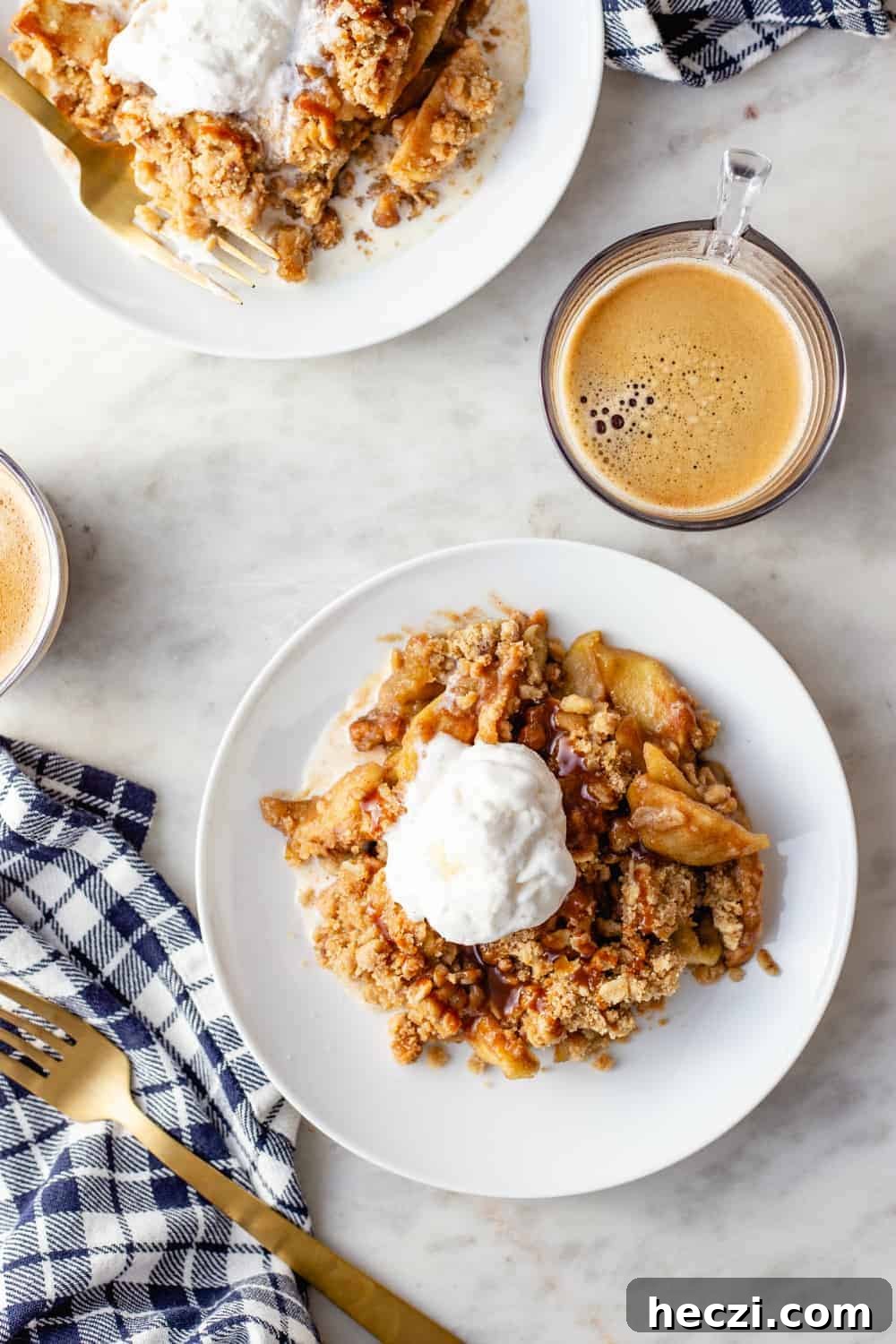Warm Caramel Apple Crisp with Crunchy Oat Topping 10 Plates of caramel apple crisp a la mode, ready to be served
