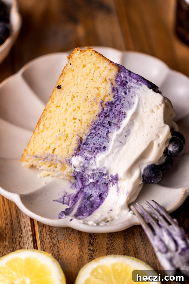 Lemon Blueberry Mousse Cake Recipe — Light Layered Dessert 11 Slice of cake on a plate.