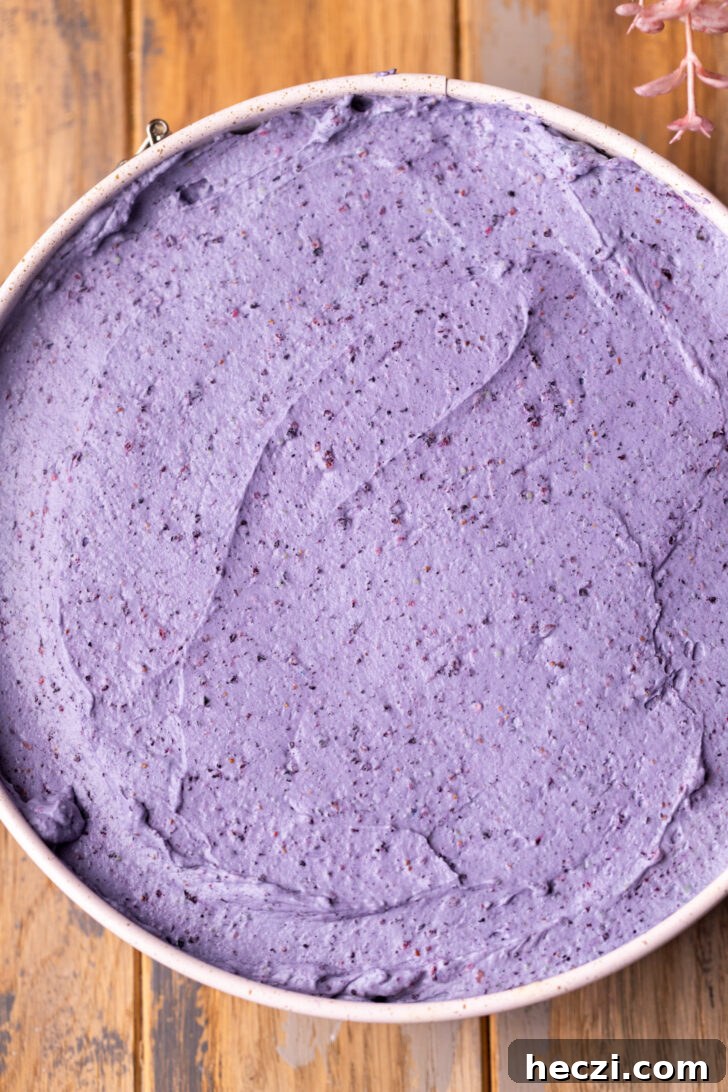 Lemon Blueberry Mousse Cake Recipe — Light Layered Dessert 8 Blueberry mousse on top of cake.