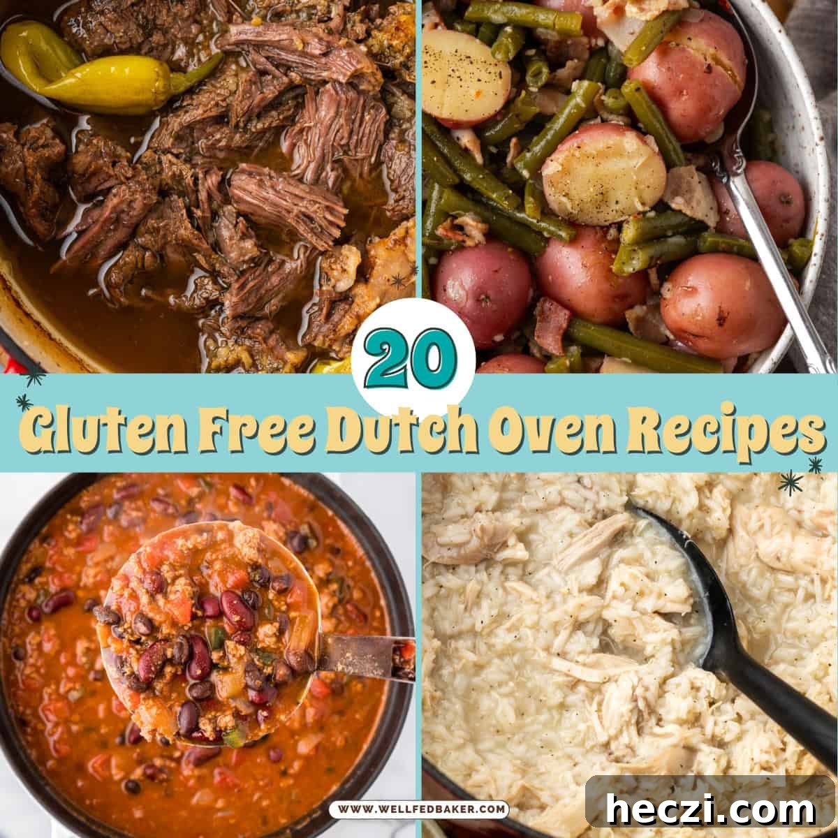 Collage of four gluten free recipes prepared in a dutch oven.