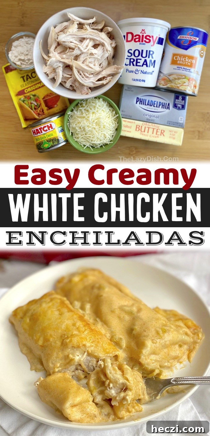 Creamy White Chicken Enchiladas Recipe for Comforting Dinner 11 Easy White Chicken Enchiladas Recipe -- My favorite quick and easy dinner recipe for busy weeknight meals! My family loves these enchiladas, including my picky kids and hungry husband. Such a simple dinner recipe made with rotisserie chicken and other cheap ingredients.