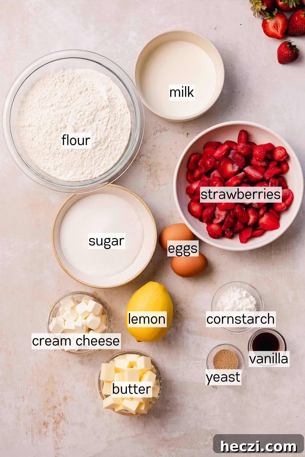 Strawberry Cinnamon Rolls with Cream Cheese Glaze 4 strawberry cinnamon roll ingredients in bowls