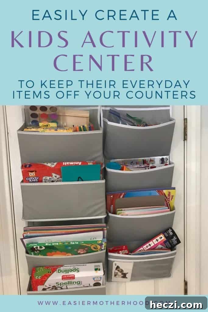 Create a Kids Activity Center: Step-by-Step Guide for Home 3 Pin image with text on top that reads